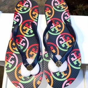 Tory Burch Multicolor Logo Flip Flops Size 9 NEW